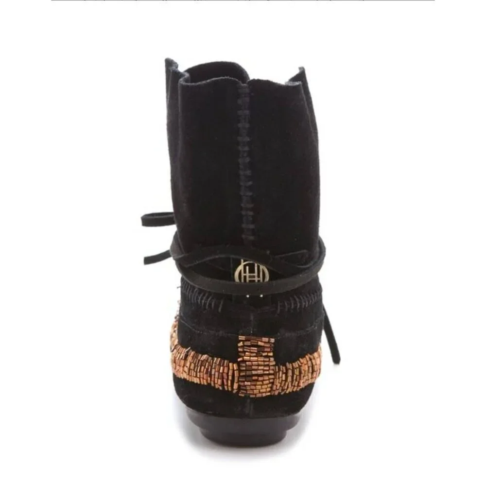 House of Harlow 1960 Beaded Suede Lace-Up Moccasin Boots Black Gold Boho Festiva